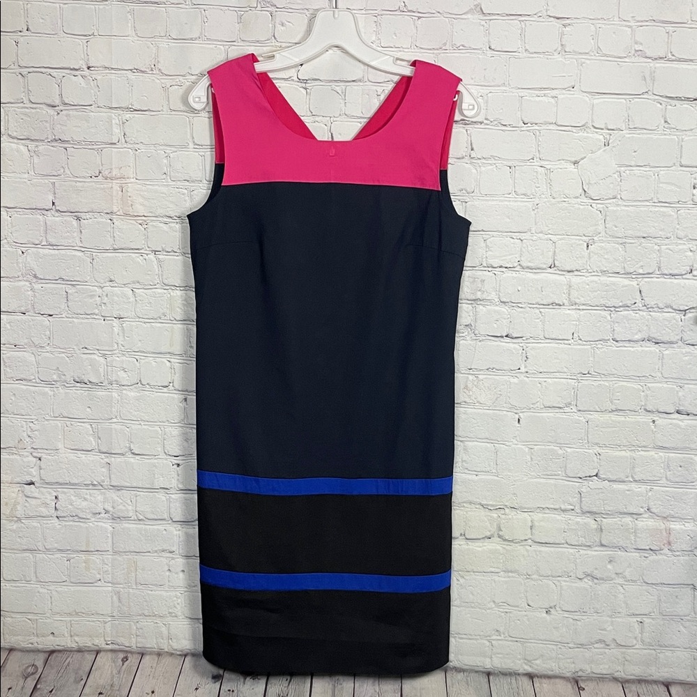 Dkny Colorblock Midi Sheath Dress in Hot Pink, Black and Blue Size: 8